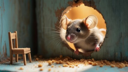 A curious mouse peeks from a hole in a wall, near a tiny chair. Focus on detail, lighting