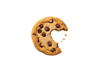 Delicious chocolate chip cookie with a bite taken out, perfect for snacking and dessert craving, isolated on transparent background
