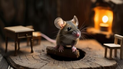 A curious mouse gazes forward from a miniature wooden room, illuminated by a warm, soft light