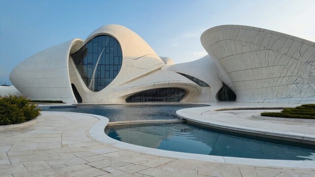 Ultra-modern futuristic architectural building with organic white shapes and water pool, representing innovation, contemporary design, creativity, science fiction style, visionary urban construction. - Powered by Adobe