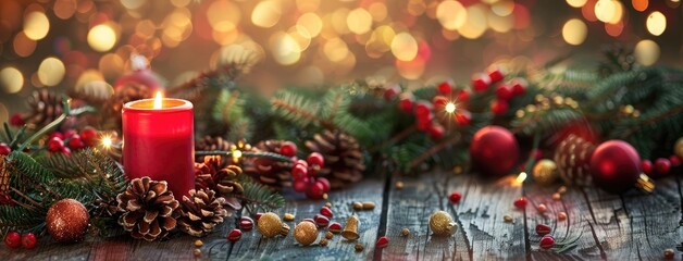 Warm Christmas Candlelight, Ornaments, and Bokeh on Dark Rustic Wood