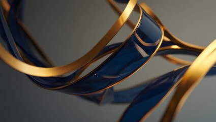 Abstract flowing ribbons of dark blue and gold in a dynamic swirl