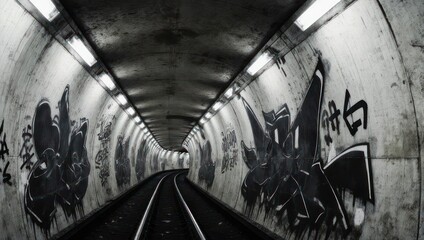 A curving tunnel with graffiti art, railroad tracks, and overhead lights