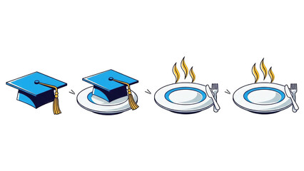 Graduation cap placed on a plate, then the plate is shown steaming, symbolizing the transition from education to a career.