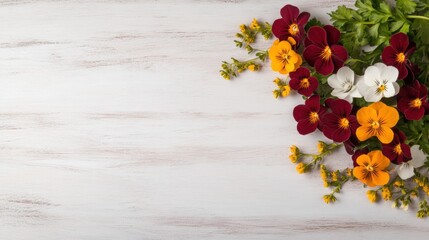 Colorful flowers gathered on a light wooden surface for a vibrant display