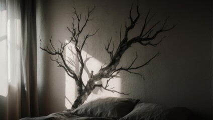 A dark, serene bedroom bathed in sunlight, a stark tree branch decorates the wall above a bed