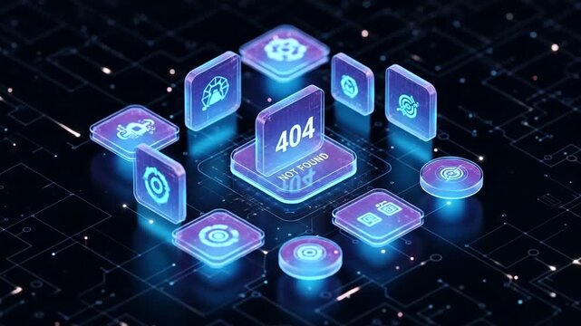Futuristic digital error 404 interface with glowing icons on a circuit background