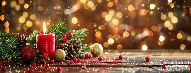 Warm Christmas Candlelight, Ornaments, and Bokeh on Dark Rustic Wood