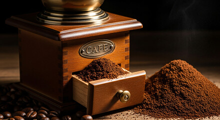 Freshly Ground Coffee Beans with Vintage Hand Grinder