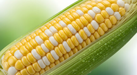 A fresh ear of bicolor sweet corn on the cob with yellow and white kernels and green husks.