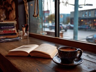 Cozy coffee shop scene with book and cappuccino