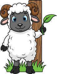 Cartoon sheep standing upright, holding leaf, smiling face, curved horns, green grass base, cad drawing flat vector illustration, cute animal