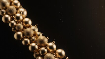 A diagonal string of golden ornaments against a dark background, sparkling with subtle light