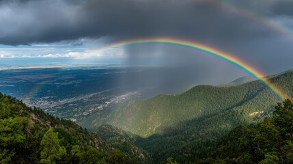 Rainbow over mountain range with city view