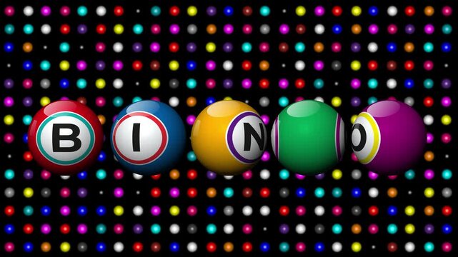 Colorful bingo rotating balls spelling out bingo on a black background with colorful flashing dots
