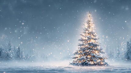 Snowy Christmas tree with warm garland lights festive winter holiday background widescreen frame with copy space New Year scene with soft bokeh and evergreen branches