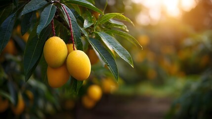 Ripe yellow mangoes hanging from a tree branch in a sunlit orchard ready for harvest