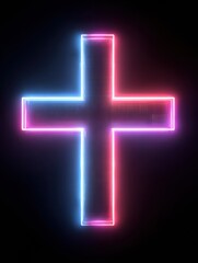 Fototapeta premium Neon Cross Glowing in Vibrant Colors Against a Dark Background, Symbolizing Faith and Hope in Modern Art Style