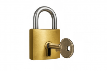 Brass padlock with key unlocking security, protection, and data privacy, isolated on transparent background