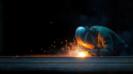 Skilled welder performing precision work in a dark workshop at night