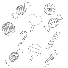 Cute cartoon hand drawn vector set of sweets and candies outline.