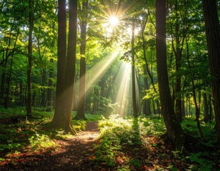 Fototapeta premium Sunlight streams through a lush, vibrant green forest, casting long rays