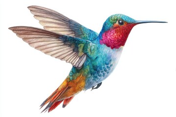 Fototapeta premium Detailed hand-drawn depiction of a hummingbird showcasing vibrant colors and intricate feather patterns in mid-flight over a natural setting