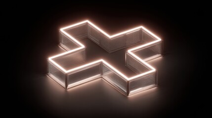Obraz premium Neon Cross Sculpture Illuminated in a Dark Space With Soft Glow and Intricate Wireframe Design Highlighting Creativity and Modern Art