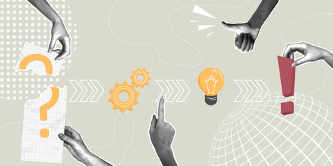 A trendy halftone collage. The problem-solving process from question to solution. Concept of the problem-solving process, problem-solving analysis and success, creative thinking, problem solving and