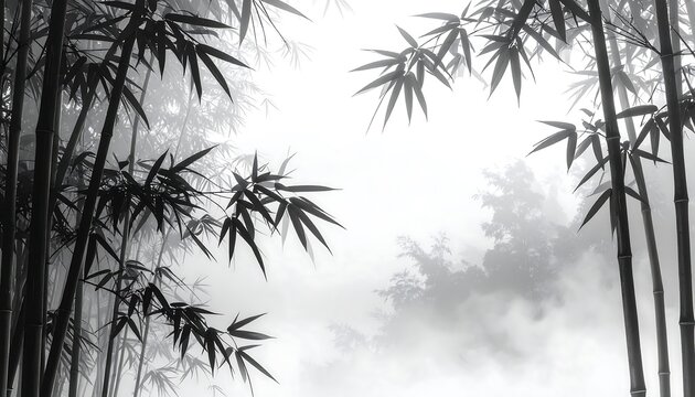 black and white bamboo forest in the morning with Misty Mountains and Calm Lake