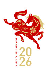 Chinese Happy New Year 2026. Year of the Horse. Symbol of New Year. Red graceful Horse isolated on white, Vertical design	
