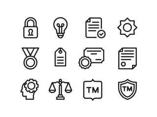 Intellectual property icons isolated on white background, a collection of symbols