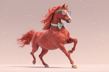 A fashionable horse with sunglasses and a bow tie prances in a whimsical setting, showing off its unique style and playful attitude during a creative photoshoot