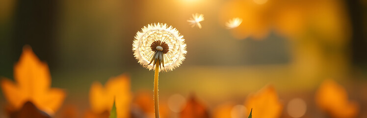soft focus capture delicate dandelion seeds suspended amidst vibrant autumn foliage bathed warm sunlight leaves blurred