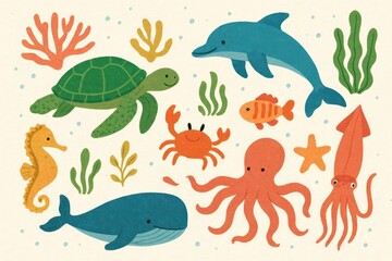 Fototapeta premium Playful Handdrawn Sea Creature Ocean Wildlife Life Illustration Set