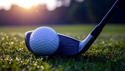 Golf Ball and Club on Dewy Grass at Sunrise Precision and Tranquility
