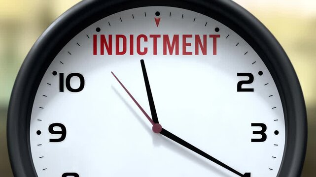 Indictment that is going to happen soon. Incoming indictment, approaching in the near future. Indictment almost here, in a short time - a clock symbolizes a reminder that indictment is near.