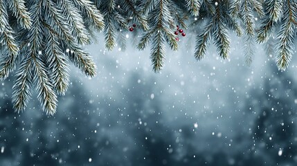 Merry Christmas background with falling white snow and fir tree branches festive winter holiday card with copy space for greetings banners and social media
