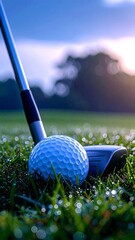 Golf Ball Awaits on Dew-Kissed Green, Golf Club Ready for Action