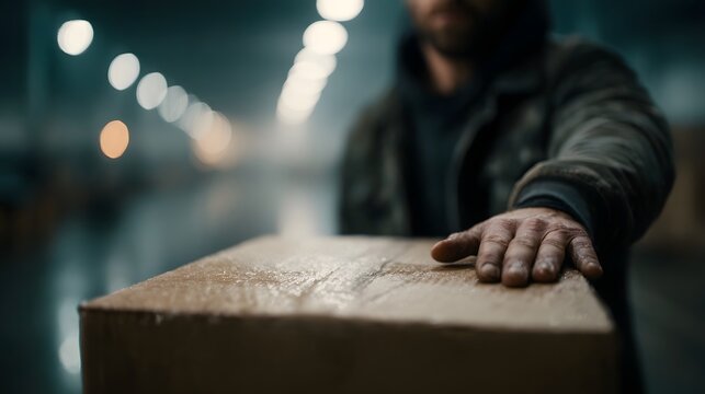 Focused close up of a worker s rough textured hand resting on a cardboard shipping box in a dimly lit industrial warehouse