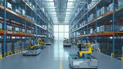 Bright modern warehouse filled with robotic arms and self-driving transport vehicles, innovation, logistics automation, artificial intelligence, industry 4.0, smart production and future technology. - Powered by Adobe