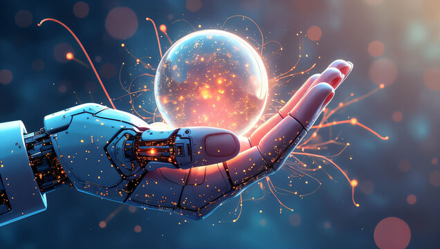 Futuristic robotic arm holds glowing energy orb, representing innovation, technology, and the power of artificial intelligence in a modern world - Powered by Adobe