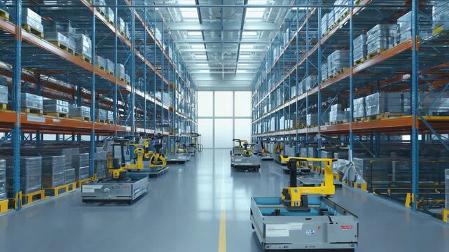 Bright modern warehouse filled with robotic arms and self-driving transport vehicles, innovation, logistics automation, artificial intelligence, industry 4.0, smart production and future technology.