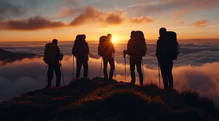 Gruppe von Wanderern auf Berggipfel bei Sonnenaufgang &uuml;ber den Wolken