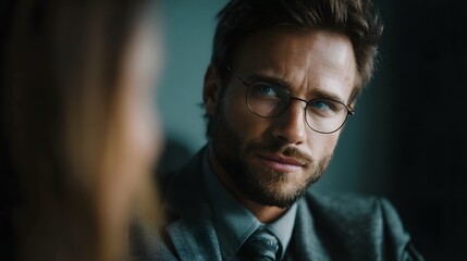 Obraz premium A professional man wearing glasses looks intently during a business meeting or interview