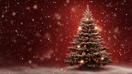 Red canvas Christmas background with sparkling bokeh lights and tree, festive winter holiday greeting card template with copy space for text seasonal banner and Happy New Year designs