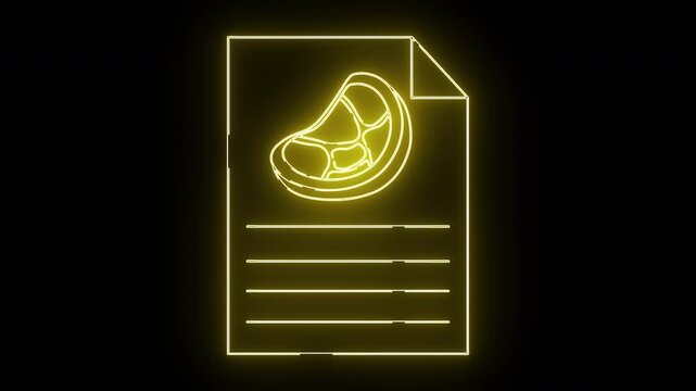 A yellow neon drawing of a document with a steak in the upper portion and lines below it all against a black background