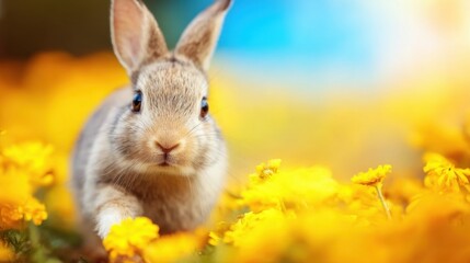 Fototapeta premium Rabbit exploring a field of bright yellow flowers on a sunny day