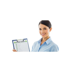Smiling Businesswoman Holds EcoAudit Checklist for Environmental Compliance
