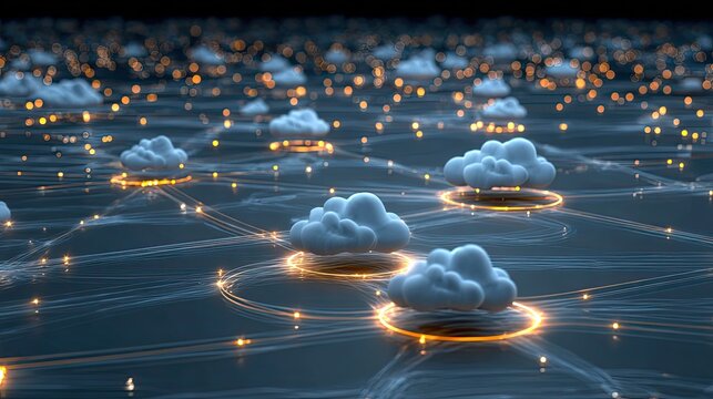 Digital cloud network connection concept with glowing nodes and abstract background for technology and data storage themes